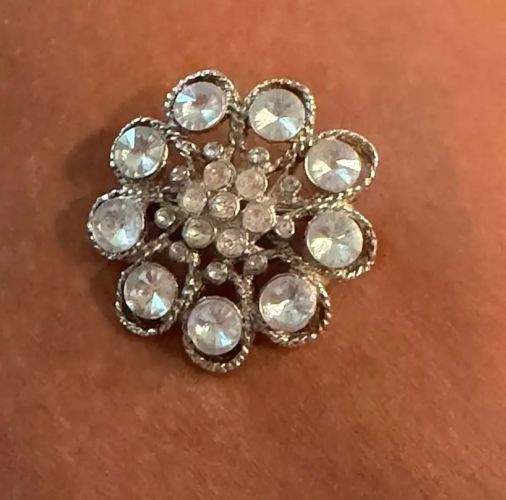 Vintage Silver Tone Clear Rhinestone Openwork Floral Brooch Pin